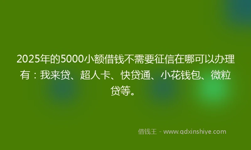2025年的5000小额借钱不需要征信在哪可以办理有：我来贷、超人卡、快贷通、小花钱包、微粒贷等。