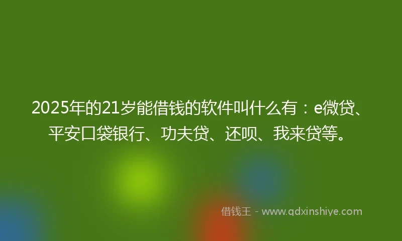 2025年的21岁能借钱的软件叫什么有：e微贷、平安口袋银行、功夫贷、还呗、我来贷等。