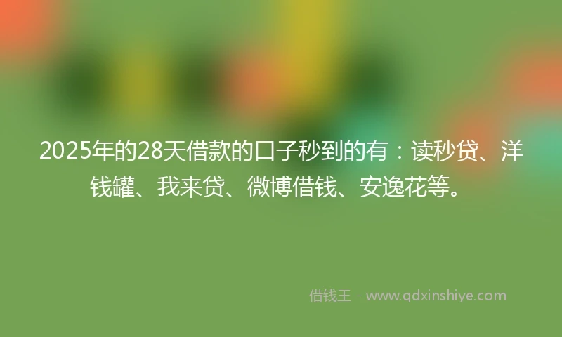 2025年的28天借款的口子秒到的有：读秒贷、洋钱罐、我来贷、微博借钱、安逸花等。