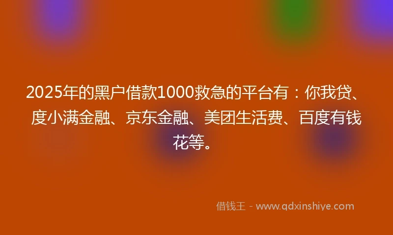 2025年的黑户借款1000救急的平台有：你我贷、度小满金融、京东金融、美团生活费、百度有钱花等。