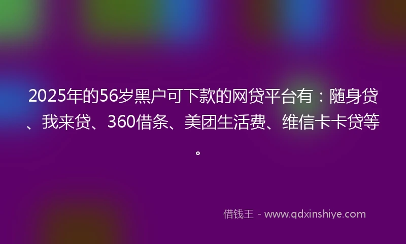 2025年的56岁黑户可下款的网贷平台有：随身贷、我来贷、360借条、美团生活费、维信卡卡贷等。