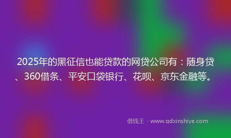 2025年的黑征信也能贷款的网贷公司有：随身贷、360借条、平安口袋银行、花呗、京东金融等。