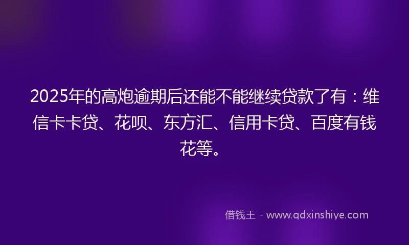 2025年的高炮逾期后还能不能继续贷款了有：维信卡卡贷、花呗、东方汇、信用卡贷、百度有钱花等。
