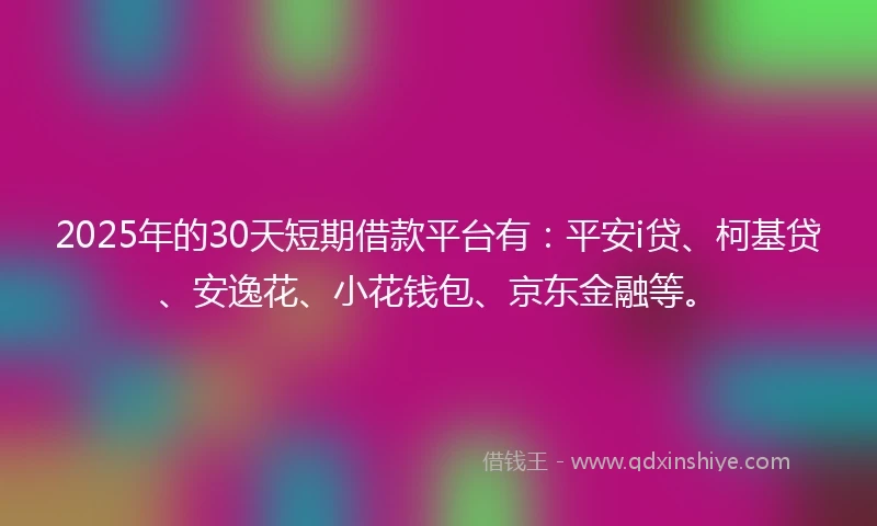 2025年的30天短期借款平台有：平安i贷、柯基贷、安逸花、小花钱包、京东金融等。