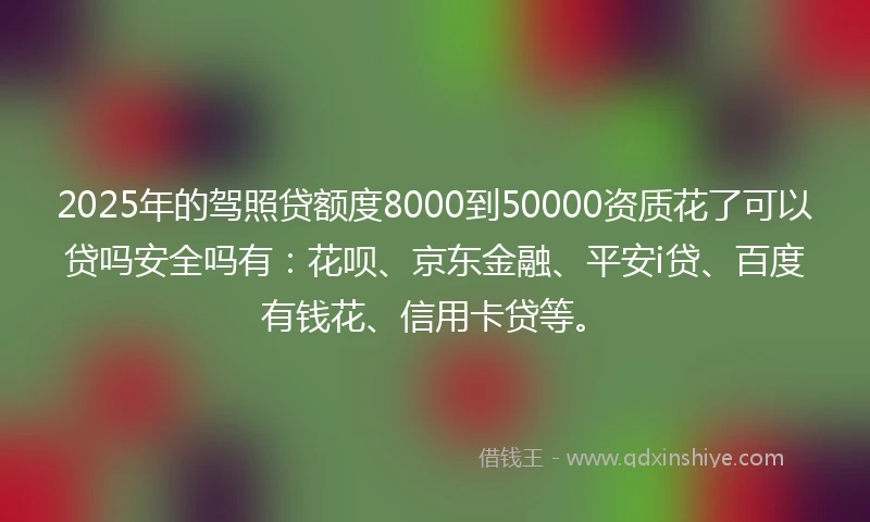 2025年的驾照贷额度8000到50000资质花了可以贷吗安全吗有：花呗、京东金融、平安i贷、百度有钱花、信用卡贷等。