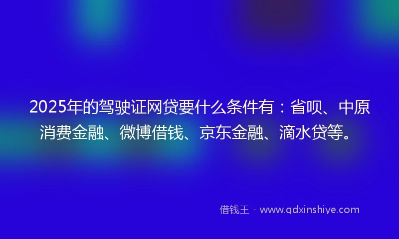 2025年的驾驶证网贷要什么条件有：省呗、中原消费金融、微博借钱、京东金融、滴水贷等。