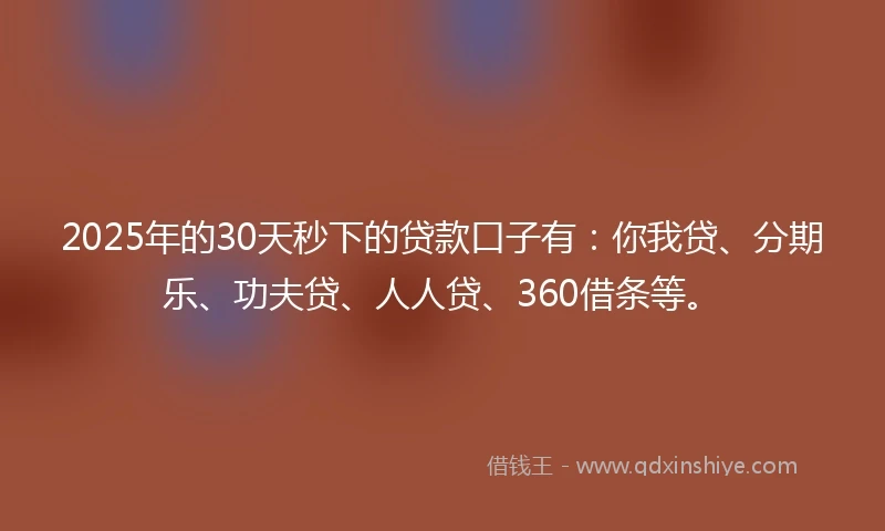 2025年的30天秒下的贷款口子有：你我贷、分期乐、功夫贷、人人贷、360借条等。
