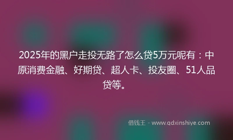 2025年的黑户走投无路了怎么贷5万元呢有：中原消费金融、好期贷、超人卡、投友圈、51人品贷等。