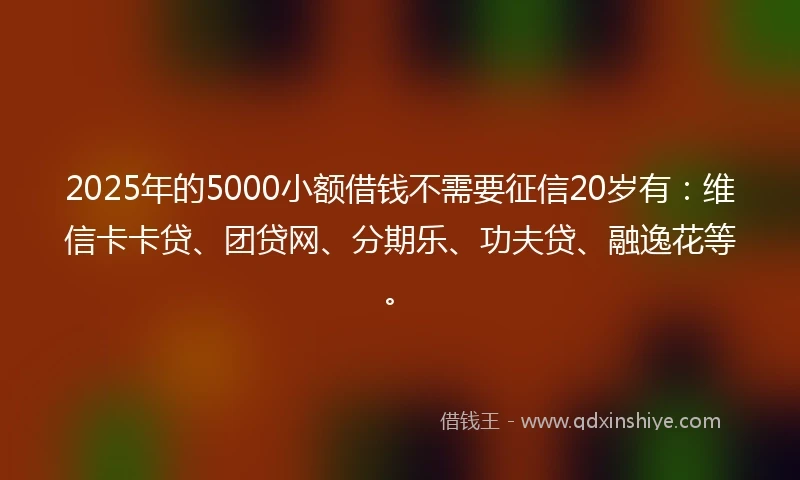 2025年的5000小额借钱不需要征信20岁有：维信卡卡贷、团贷网、分期乐、功夫贷、融逸花等。