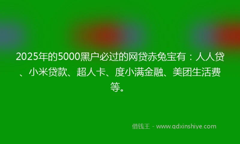 2025年的5000黑户必过的网贷赤兔宝有：人人贷、小米贷款、超人卡、度小满金融、美团生活费等。