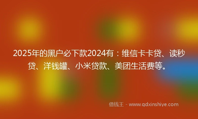 2025年的黑户必下款2024有：维信卡卡贷、读秒贷、洋钱罐、小米贷款、美团生活费等。