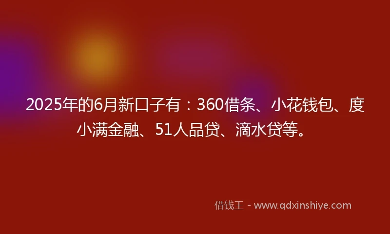 2025年的6月新口子有：360借条、小花钱包、度小满金融、51人品贷、滴水贷等。