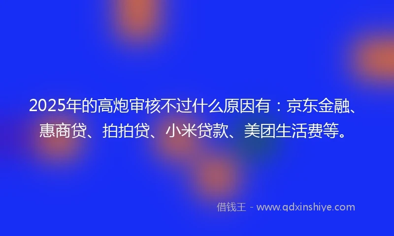 2025年的高炮审核不过什么原因有：京东金融、惠商贷、拍拍贷、小米贷款、美团生活费等。