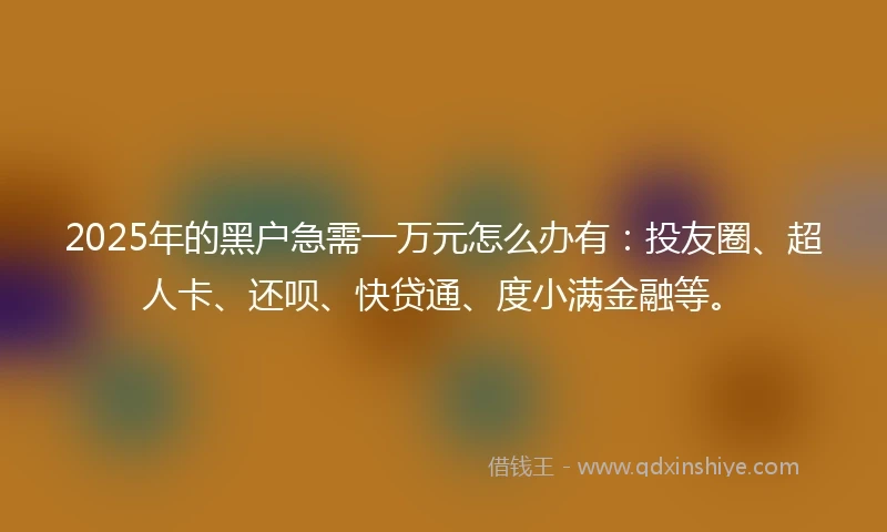 2025年的黑户急需一万元怎么办有：投友圈、超人卡、还呗、快贷通、度小满金融等。