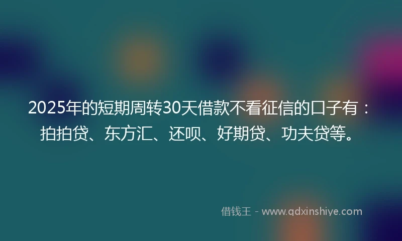 2025年的短期周转30天借款不看征信的口子有：拍拍贷、东方汇、还呗、好期贷、功夫贷等。