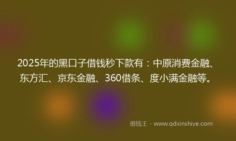 2025年的黑口子借钱秒下款有：中原消费金融、东方汇、京东金融、360借条、度小满金融等。