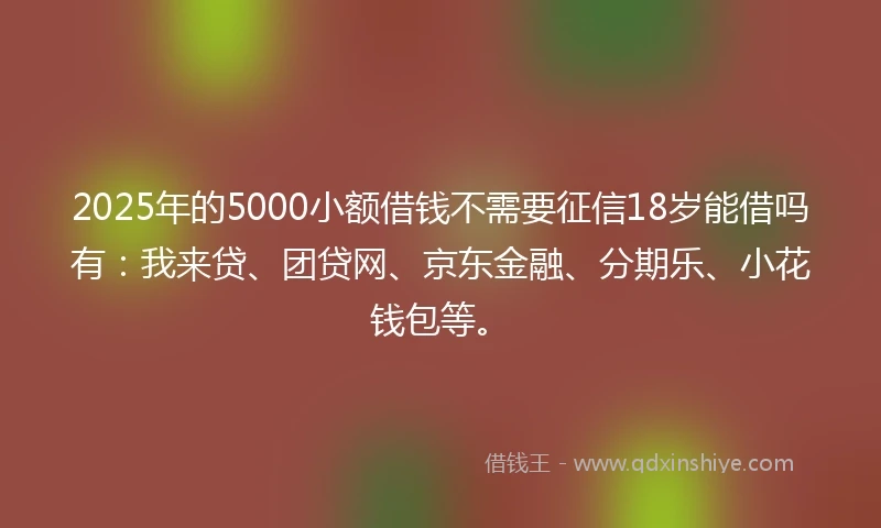 2025年的5000小额借钱不需要征信18岁能借吗有：我来贷、团贷网、京东金融、分期乐、小花钱包等。