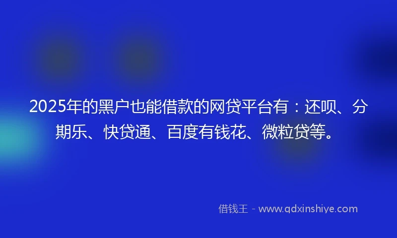2025年的黑户也能借款的网贷平台有：还呗、分期乐、快贷通、百度有钱花、微粒贷等。