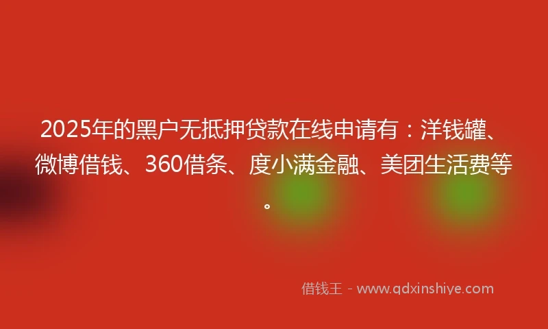 2025年的黑户无抵押贷款在线申请有：洋钱罐、微博借钱、360借条、度小满金融、美团生活费等。