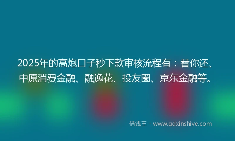 2025年的高炮口子秒下款审核流程有：替你还、中原消费金融、融逸花、投友圈、京东金融等。