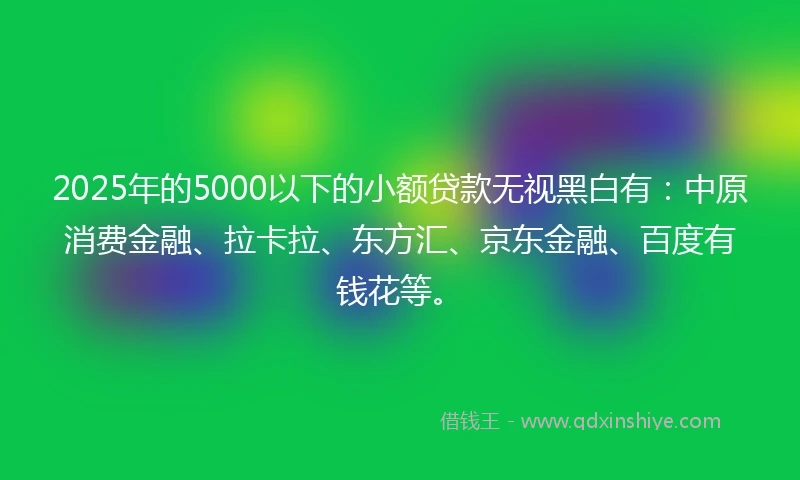 2025年的5000以下的小额贷款无视黑白有:中原消费金融、拉卡拉、东方汇、京东金融、百度有钱花等。
