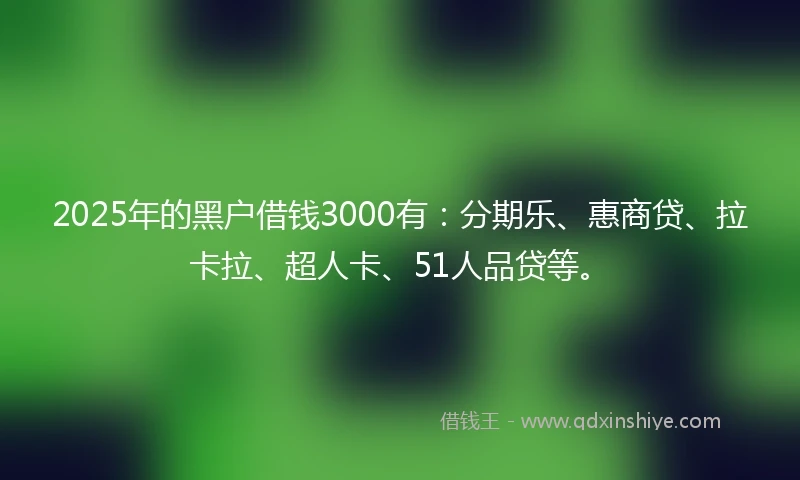 2025年的黑户借钱3000有：分期乐、惠商贷、拉卡拉、超人卡、51人品贷等。