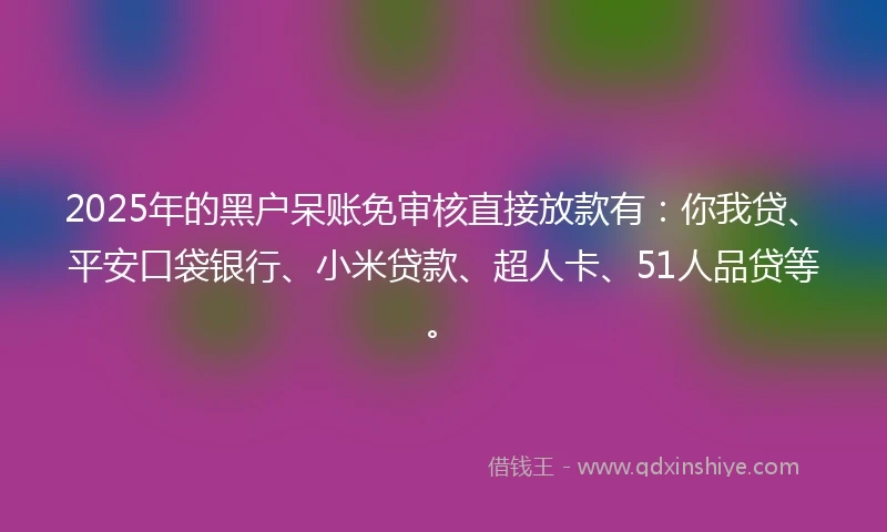 2025年的黑户呆账免审核直接放款有：你我贷、平安口袋银行、小米贷款、超人卡、51人品贷等。
