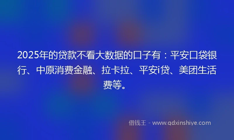 2025年的贷款不看大数据的口子有：平安口袋银行、中原消费金融、拉卡拉、平安i贷、美团生活费等。