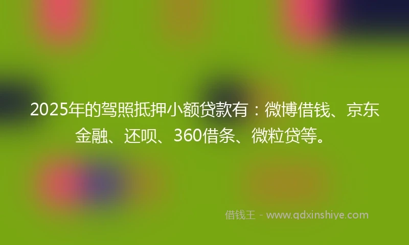 2025年的驾照抵押小额贷款有：微博借钱、京东金融、还呗、360借条、微粒贷等。