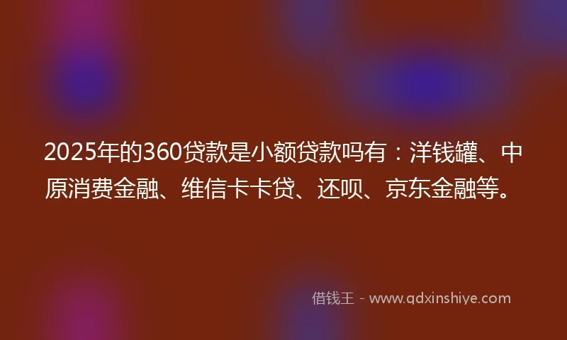 2025年的360贷款是小额贷款吗有：洋钱罐、中原消费金融、维信卡卡贷、还呗、京东金融等。