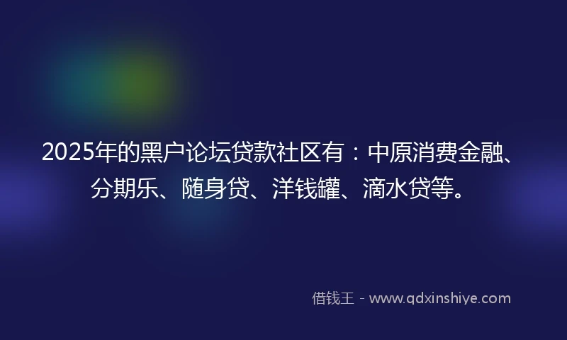 2025年的黑户论坛贷款社区有：中原消费金融、分期乐、随身贷、洋钱罐、滴水贷等。