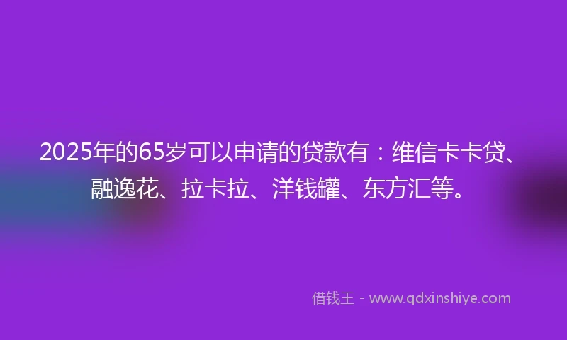 2025年的65岁可以申请的贷款有：维信卡卡贷、融逸花、拉卡拉、洋钱罐、东方汇等。