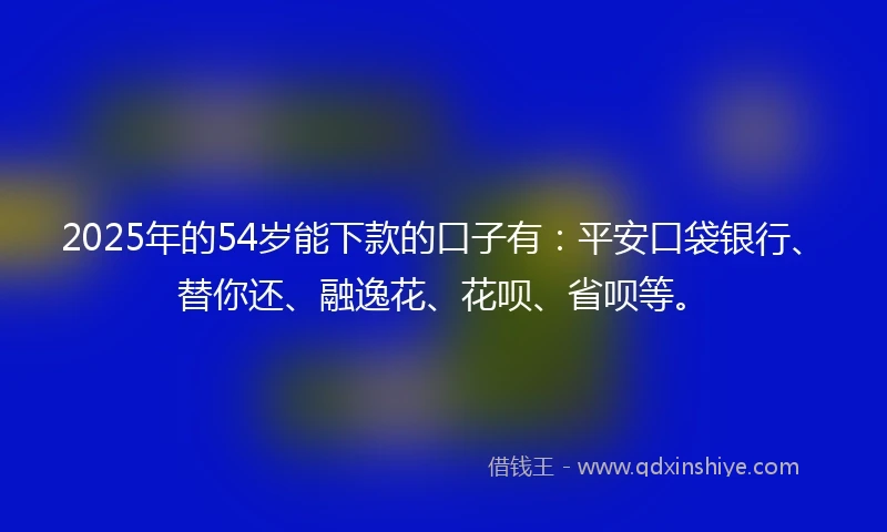 2025年的54岁能下款的口子有:平安口袋银行、替你还、融逸花、花呗、省呗等。