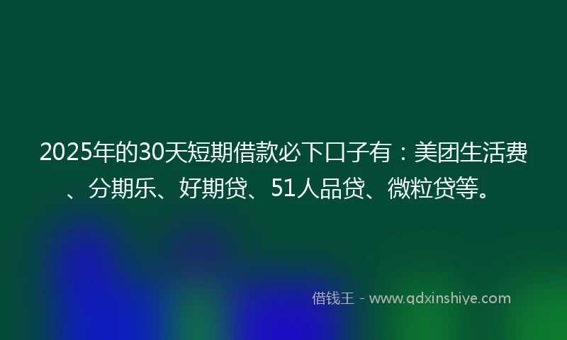 2025年的30天短期借款必下口子有：美团生活费、分期乐、好期贷、51人品贷、微粒贷等。