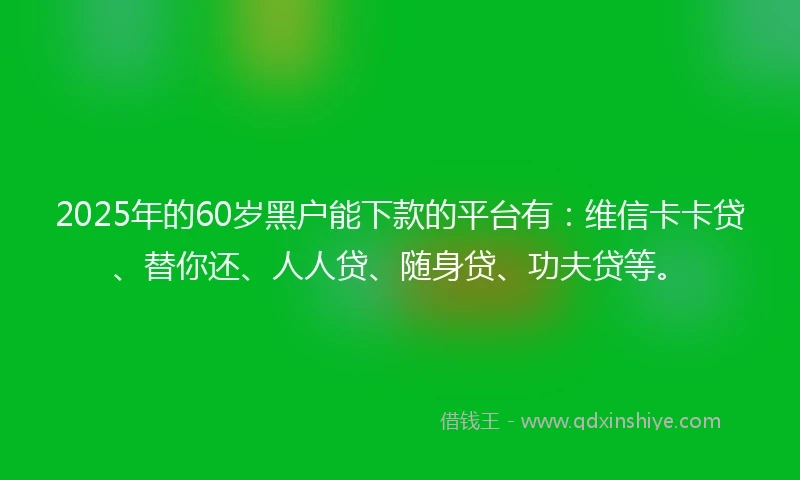 2025年的60岁黑户能下款的平台有：维信卡卡贷、替你还、人人贷、随身贷、功夫贷等。