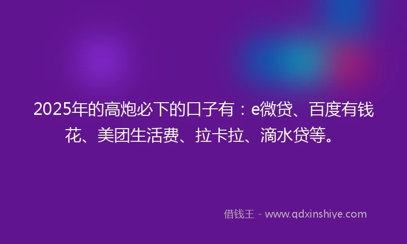 2025年的高炮必下的口子有：e微贷、百度有钱花、美团生活费、拉卡拉、滴水贷等。
