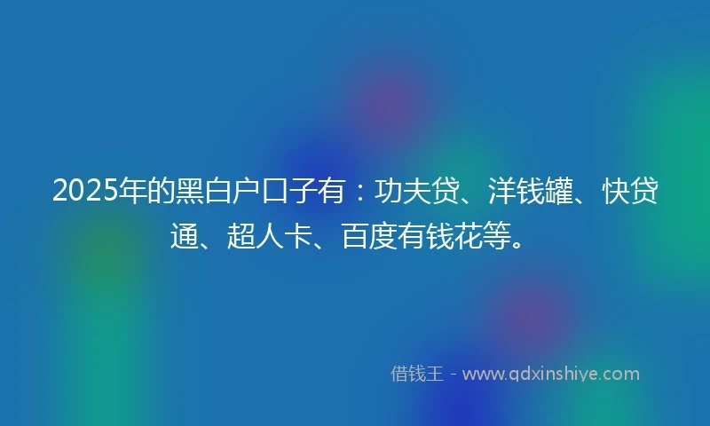 2025年的黑白户口子有：功夫贷、洋钱罐、快贷通、超人卡、百度有钱花等。