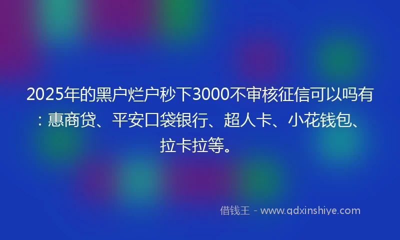 2025年的黑户烂户秒下3000不审核征信可以吗有：惠商贷、平安口袋银行、超人卡、小花钱包、拉卡拉等。