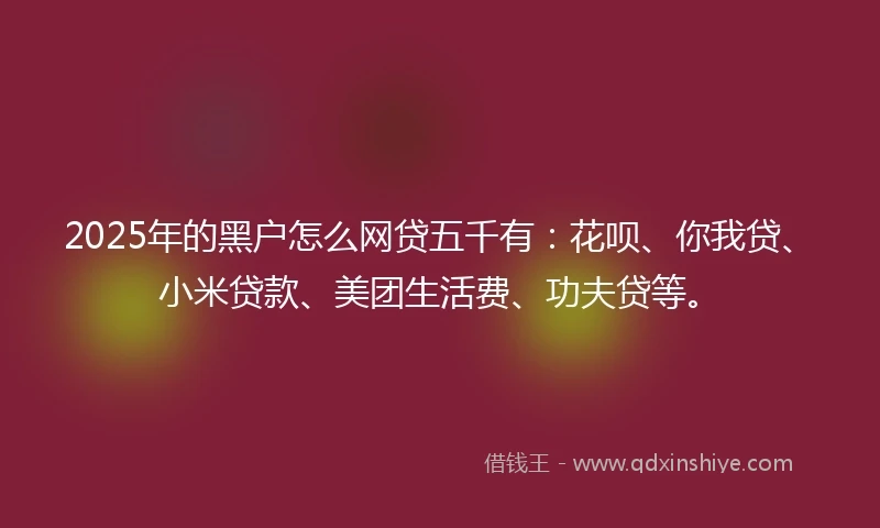 2025年的黑户怎么网贷五千有：花呗、你我贷、小米贷款、美团生活费、功夫贷等。
