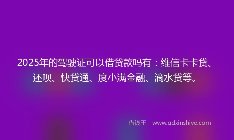 2025年的驾驶证可以借贷款吗有：维信卡卡贷、还呗、快贷通、度小满金融、滴水贷等。