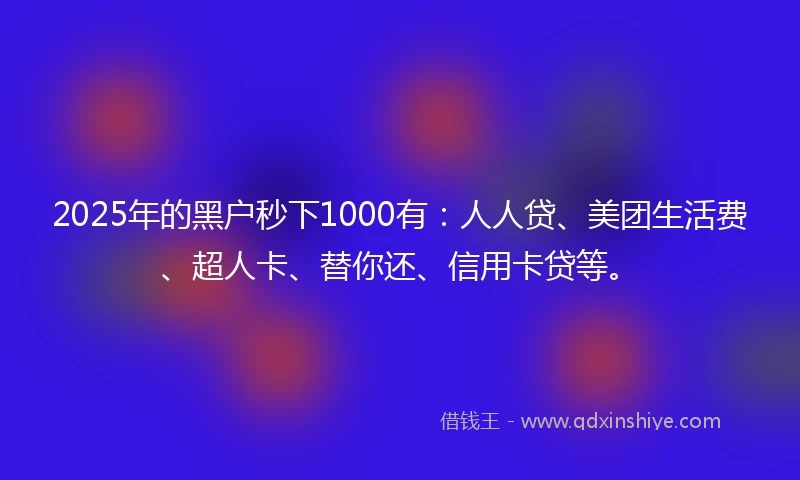 2025年的黑户秒下1000有：人人贷、美团生活费、超人卡、替你还、信用卡贷等。
