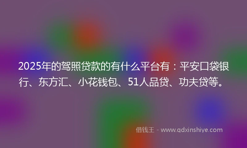2025年的驾照贷款的有什么平台有：平安口袋银行、东方汇、小花钱包、51人品贷、功夫贷等。
