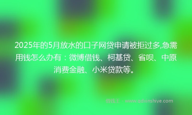 2025年的5月放水的口子网贷申请被拒过多,急需用钱怎么办有：微博借钱、柯基贷、省呗、中原消费金融、小米贷款等。