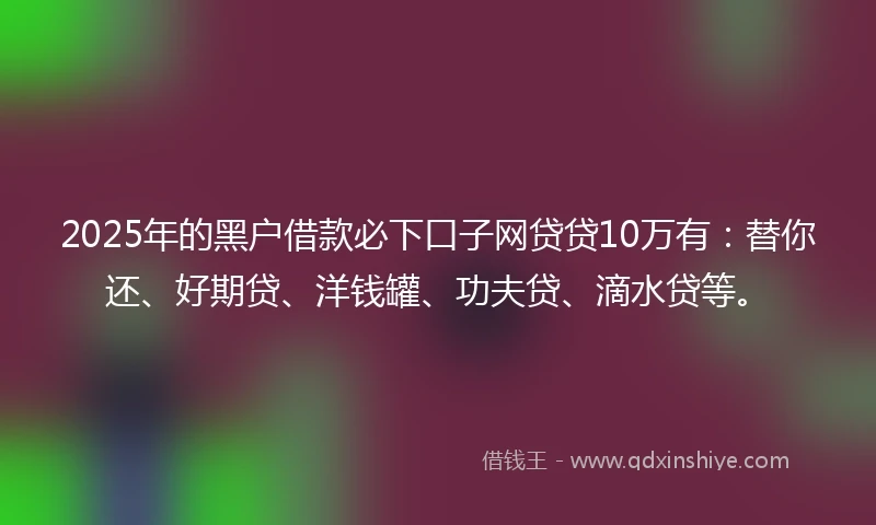 2025年的黑户借款必下口子网贷贷10万有：替你还、好期贷、洋钱罐、功夫贷、滴水贷等。