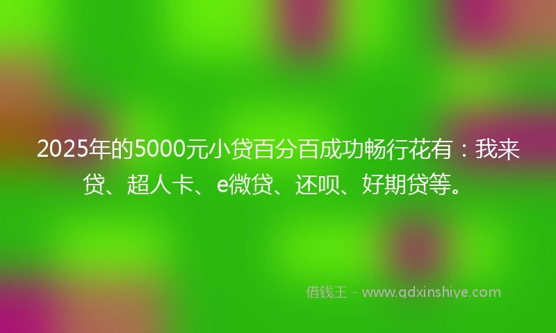 2025年的5000元小贷百分百成功畅行花有：我来贷、超人卡、e微贷、还呗、好期贷等。