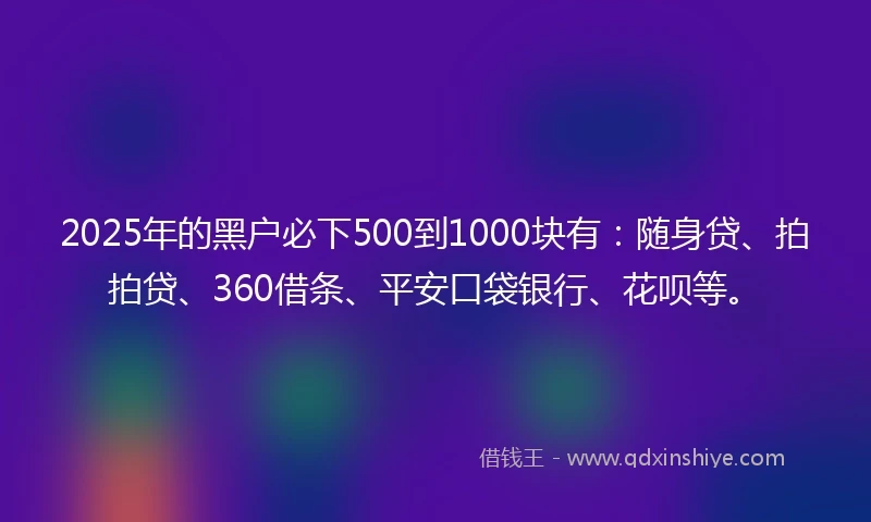 2025年的黑户必下500到1000块有：随身贷、拍拍贷、360借条、平安口袋银行、花呗等。