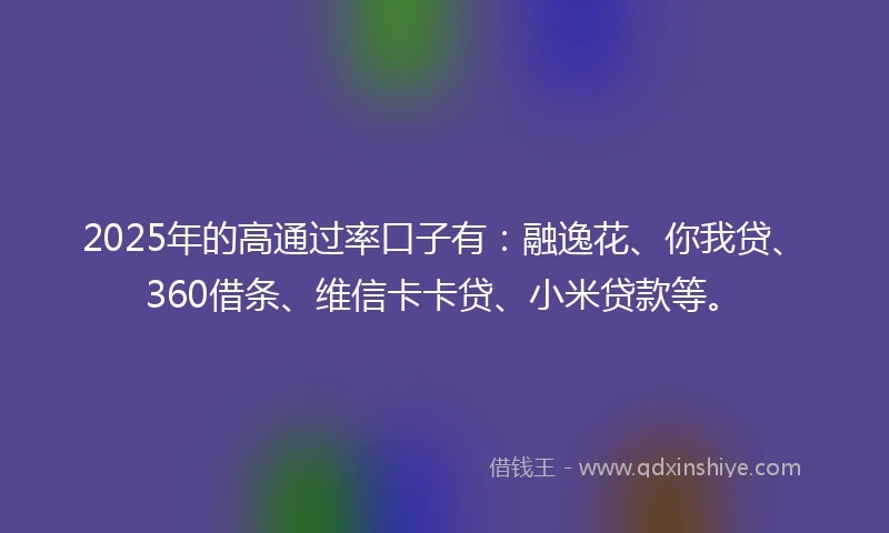 2025年的高通过率口子有：融逸花、你我贷、360借条、维信卡卡贷、小米贷款等。