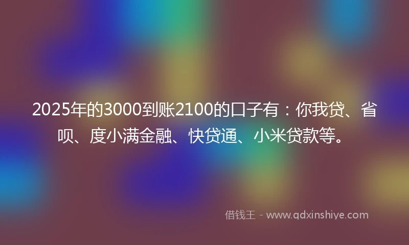 2025年的3000到账2100的口子有：你我贷、省呗、度小满金融、快贷通、小米贷款等。