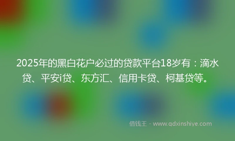 2025年的黑白花户必过的贷款平台18岁有：滴水贷、平安i贷、东方汇、信用卡贷、柯基贷等。