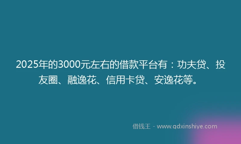 2025年的3000元左右的借款平台有：功夫贷、投友圈、融逸花、信用卡贷、安逸花等。